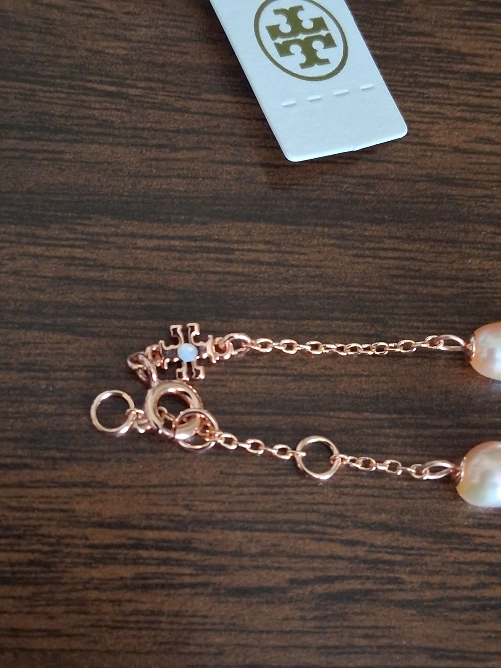 🌷Tory Burch Rose Gold Immitation Pearl And Crystal Pave Kira Logo Necklace NWT - Picture 15 of 15